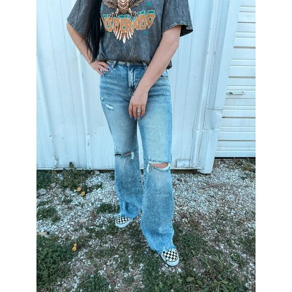 Risen High Rise Medium Acid Washed Wide Leg Jeans RDP5312 - Picture 1 of 8